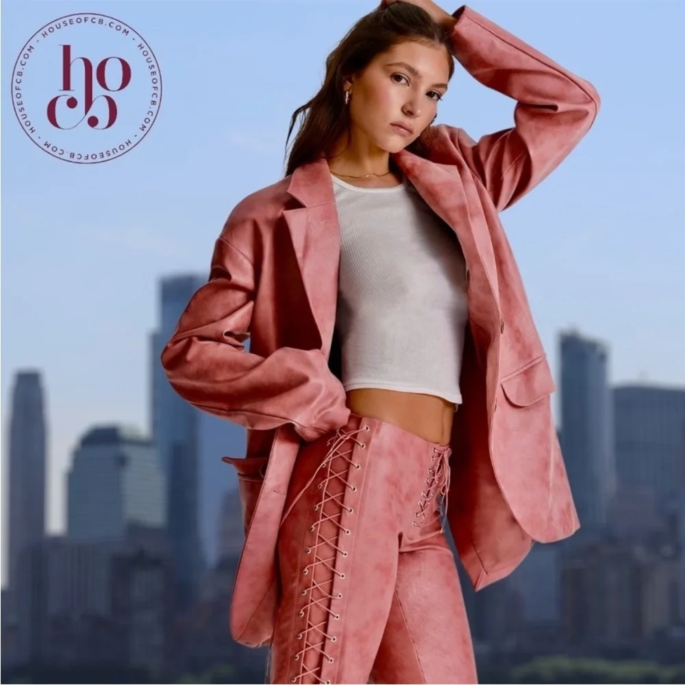 House of CB Womens Kiera Oversize Faux Leather Jacket Size Large Pink NWT - Picture 10 of 16